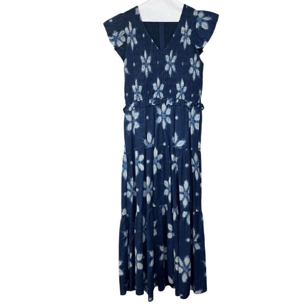 Womens Sea Navy Isla Print Smocked Tiered Midi Dress